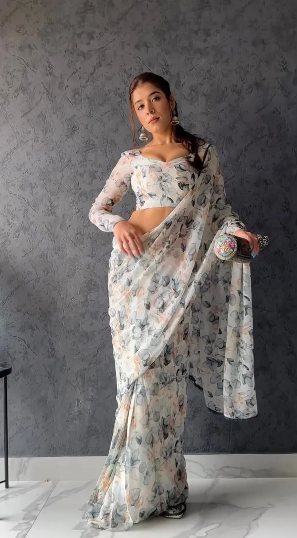 White_Trendy_Floral_Print_Pre-Stitched_Georgette_Saree